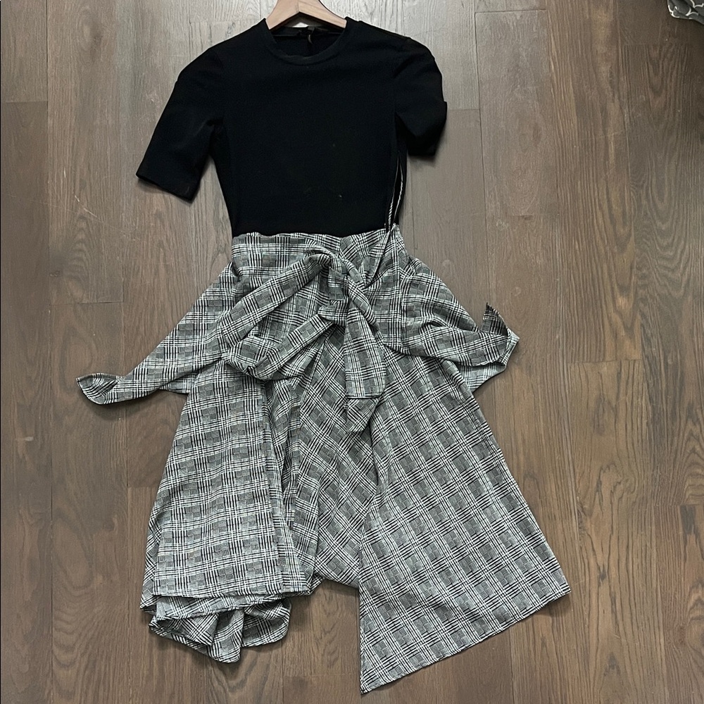 Maje Black and Gray Checkered Midi Skirt
